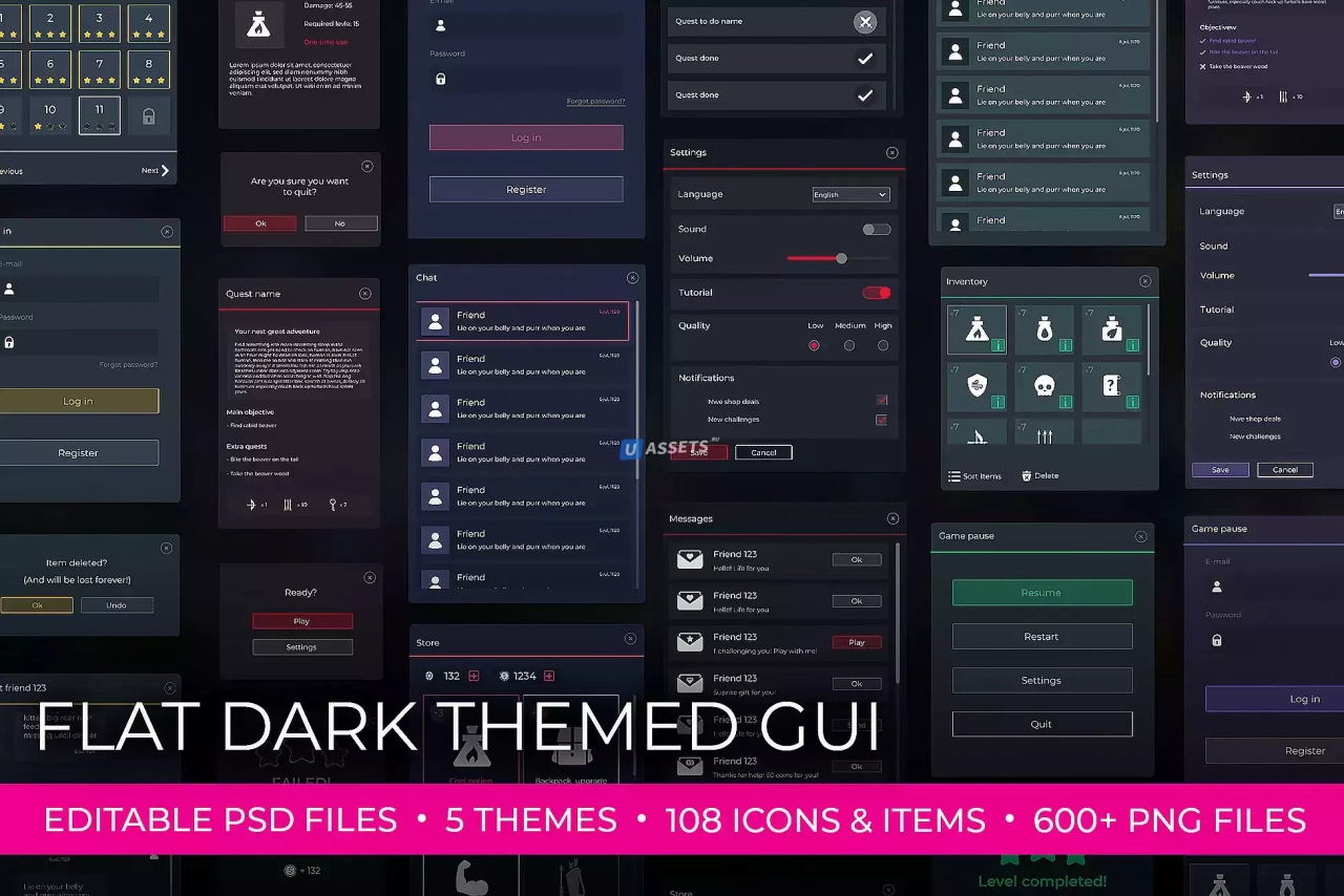 Screenshot #1 - Flat Dark Themed GUI / UI Kit - over 600 PNG