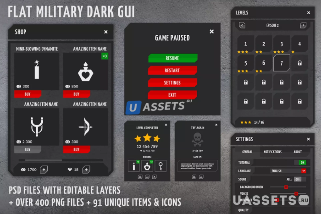 Screenshot #1 - Flat black universal GUI, 4k UI Kit - over 400 PNG files!