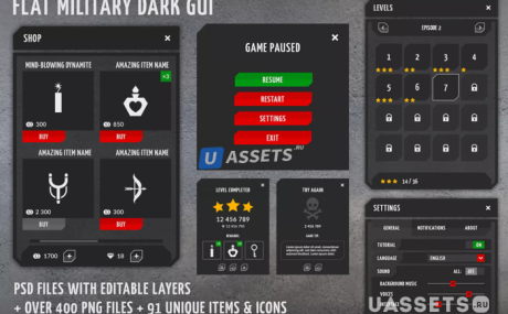 Flat black universal GUI, 4k UI Kit - over 400 PNG files!