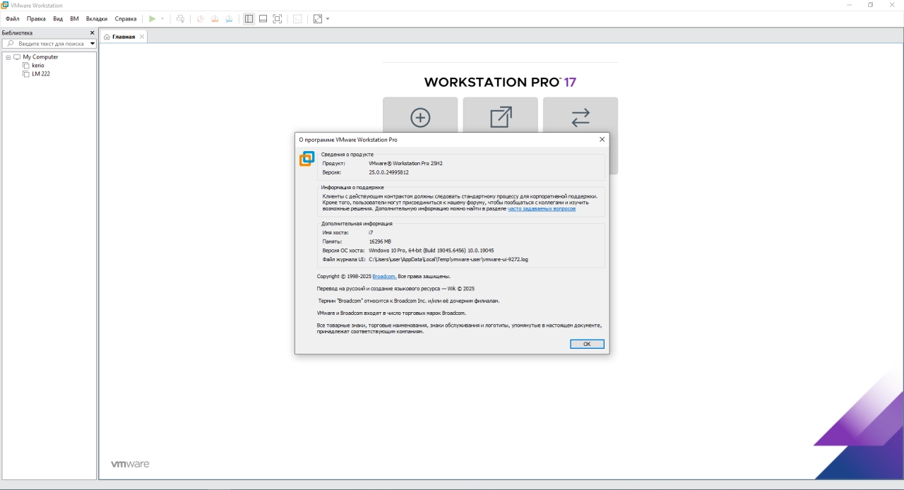 Screenshot #1 - Виртуальная машина VMware Workstation Pro 25H2 25.0.0.24995812