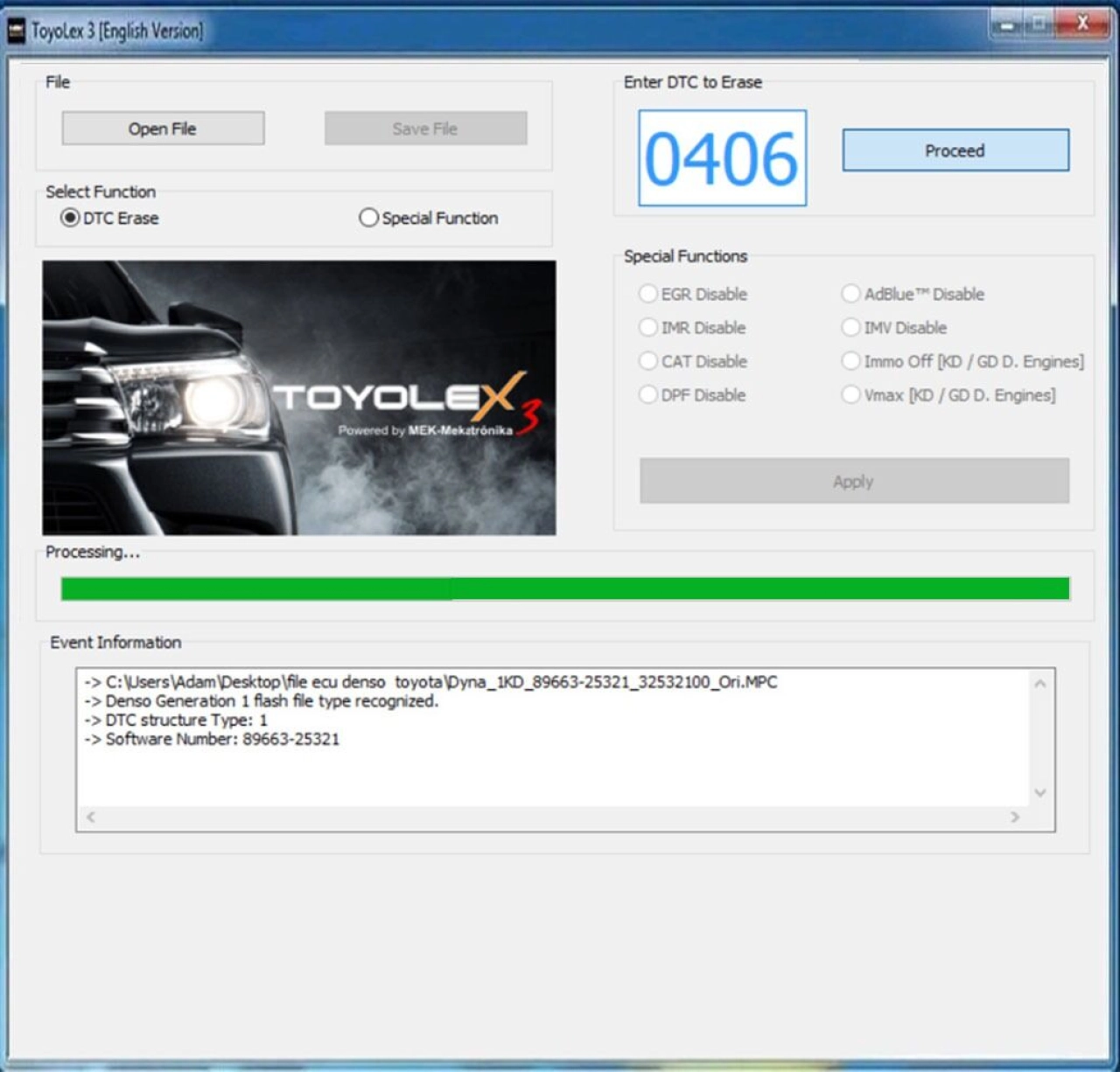 Screenshot #1 - ToyoLex - программа для отключения EGR, Adblue, DPF (и т.д.) для всех поколения Denso Toyota и Lexus