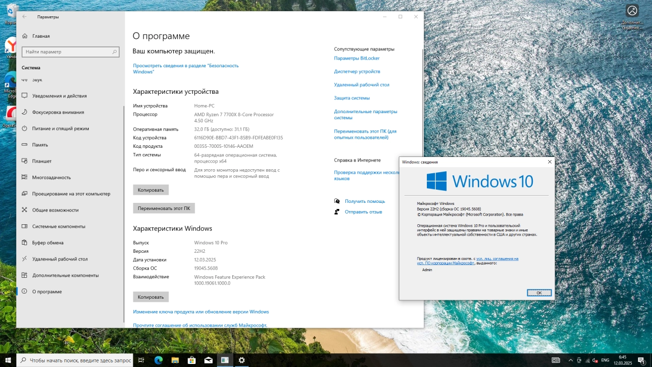 Screenshot #2 - Windows 10 Pro 22H2 Build 19045.5608 Full Март 2025