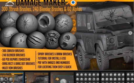ArtStation - Damage Maker 300 ZBrush Brushes 240 Blender Brushes and 60 Alphas