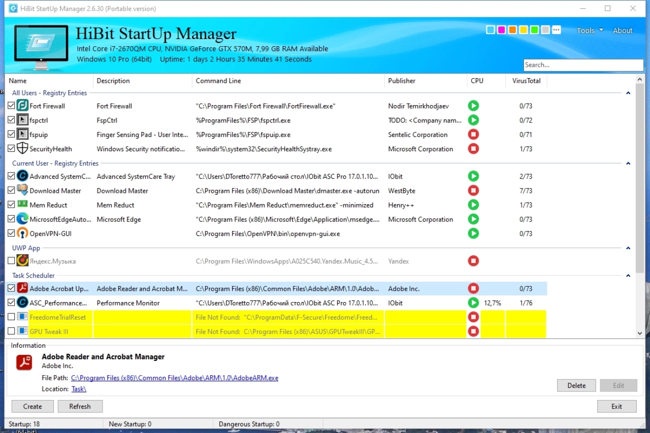 Screenshot #1 - Управление автозагрузкой HiBit Startup Manager 2.6.30 + Portable