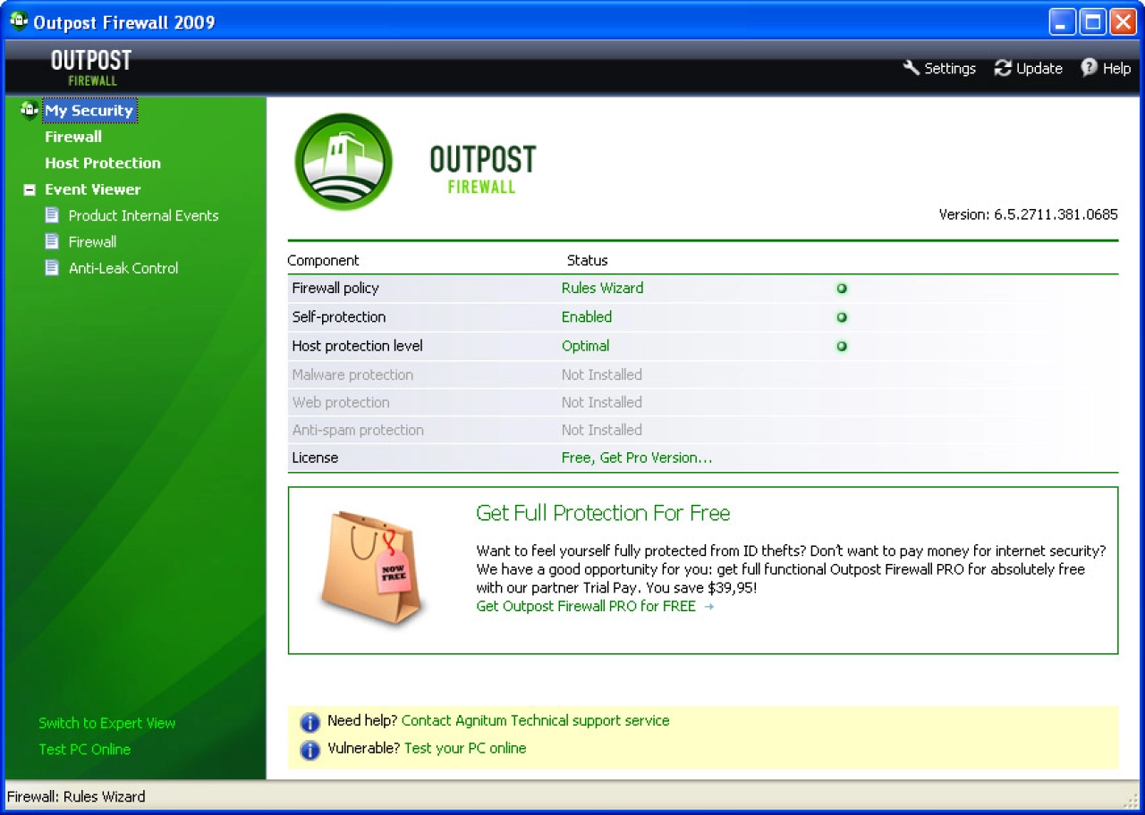 Screenshot #1 - Agnitum Outpost Firewall Free